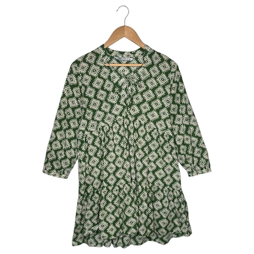 Zara Dress Womens M Mini Cadie Geometric Print Boho Tiered Pleated Tie Green